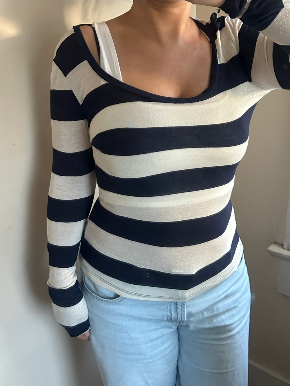 Striped Semi Sheer Navy Cream Long Sleeve Tee Horizontal Stripes Soft Wide Neck